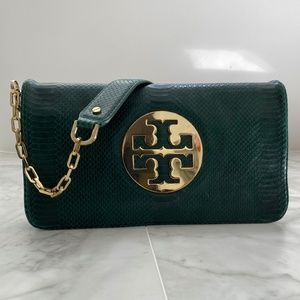 Green croc leather Tory Burch foldover Reva clutch